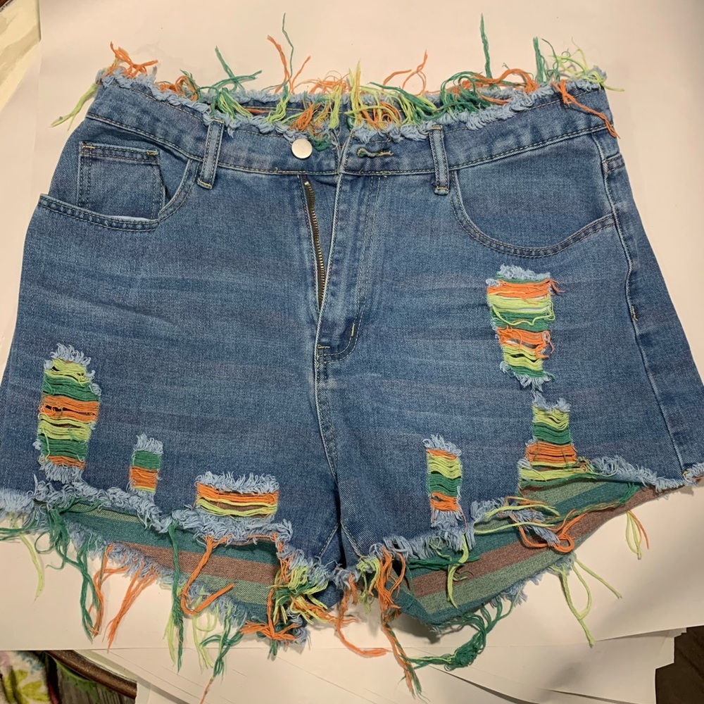 NWOT Cutoff Denim Shorts with Colorful Peekaboo Threads